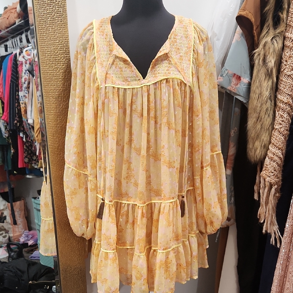 Free People Yellow Tiered Mini Dress with Bib Collar